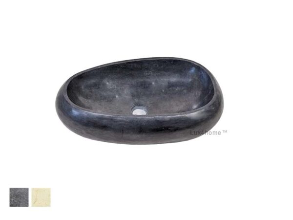 Umywalka marmurowa EGGS SINK Umywalka marmurowa EGGS SINK – ujęcie ukośne, z próbkami kolorów kamienia