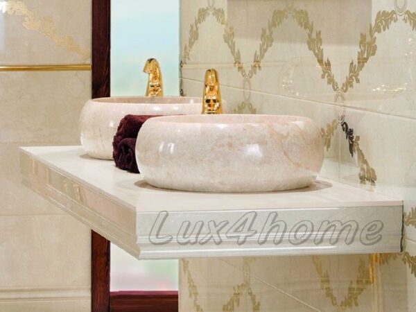 Umywalka marmurowa FEROX Cream Umywalka marmurowa FEROX Cream – dwie misy na jasnym blacie pod lustrem