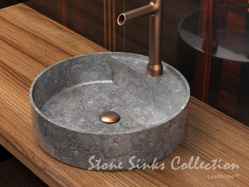 Katalogi 12 Okładka katalogu Lux4home Stone Sinks Collection z umywalką na drewnianym blacie