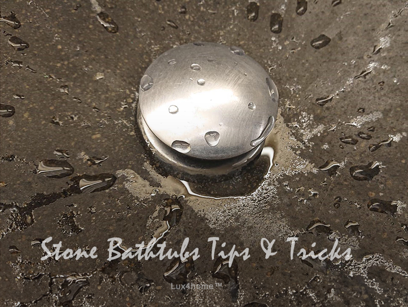 Katalogi 13 Okładka poradnika Lux4home Stone Bathtubs Tips and Tricks z detalem odpływu