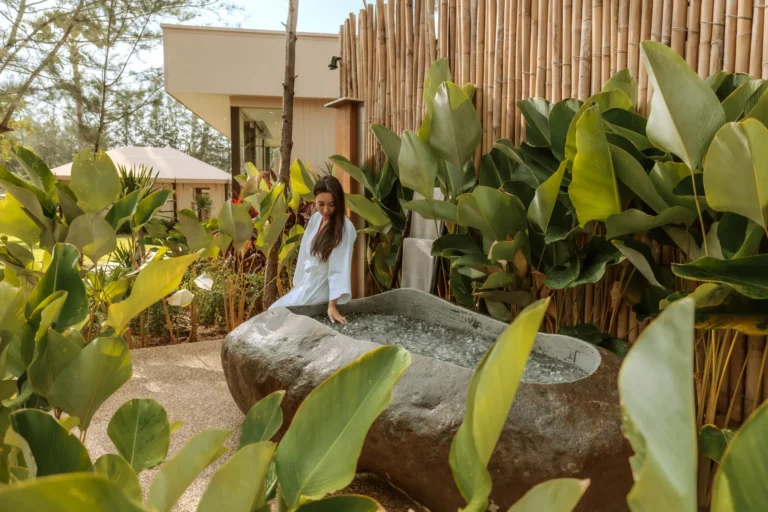 Kamienna wanna do kąpieli lodowych w Twinpalms Phuket: realizacja Eclipse 1 Wanna kamienna Eclipse z wodą i lodem w tropikalnym ogrodzie Twinpalms na Phuket
